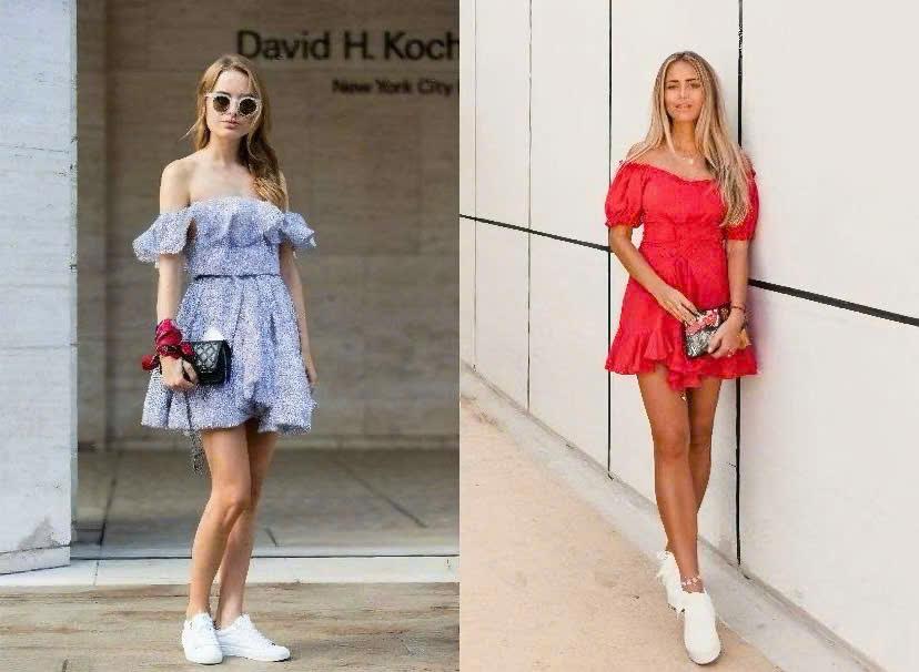 Phối đồ đi chơi mùa hè  Váy trễ vai và giày sneaker