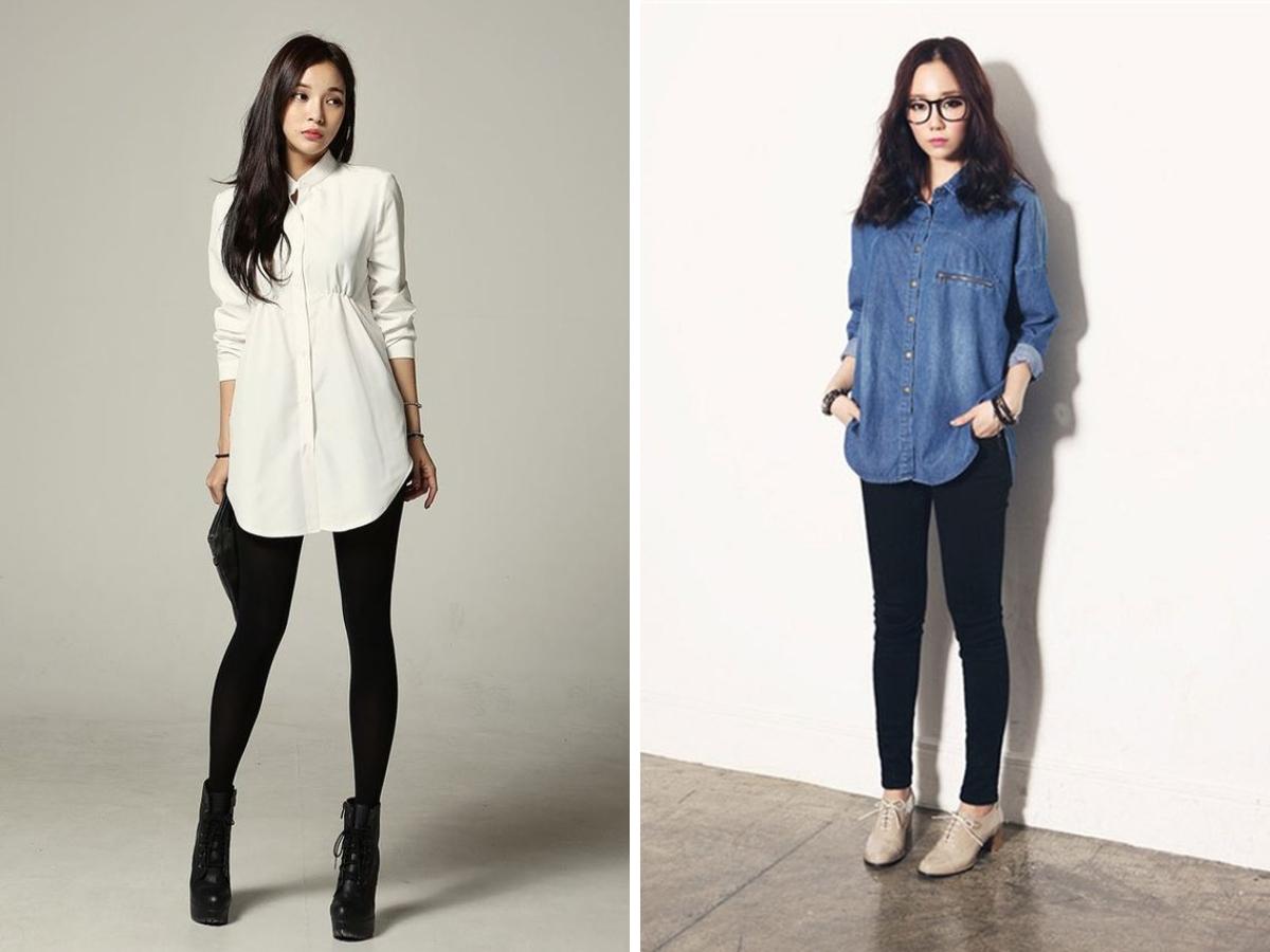 Phối quần legging với áo sơ mi form dài trang trọng