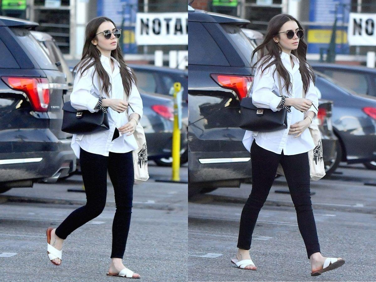 Legging kết hợp áo thun và áo sơ mi khoác ngoài