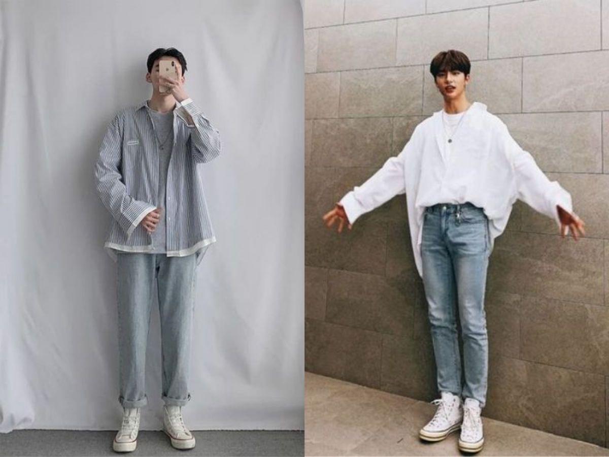 Quần jean, áo sơ mi trắng và giày Converse