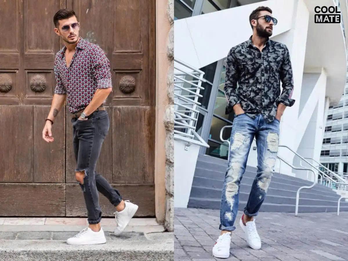 Quần bò rách gối nam + áo sơ mi hoạ tiết