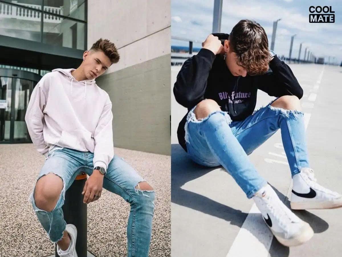 Phối áo hoodie + quần jean nam rách gối