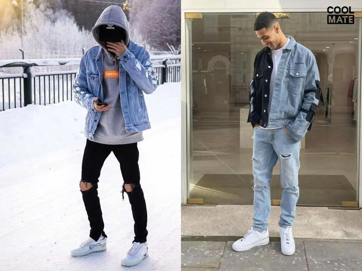 Áo khoác denim + Quần jean nam rách gối