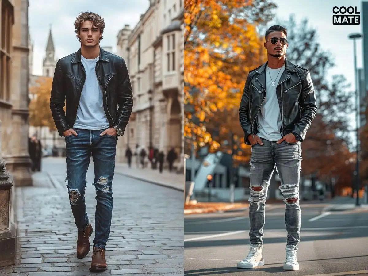 Mix quần jean rách nam với áo khoác da