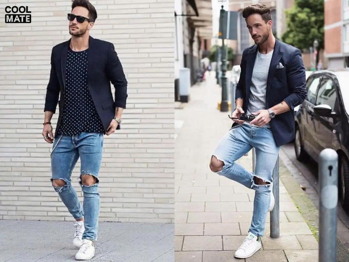 Áo vest + quần jean rách