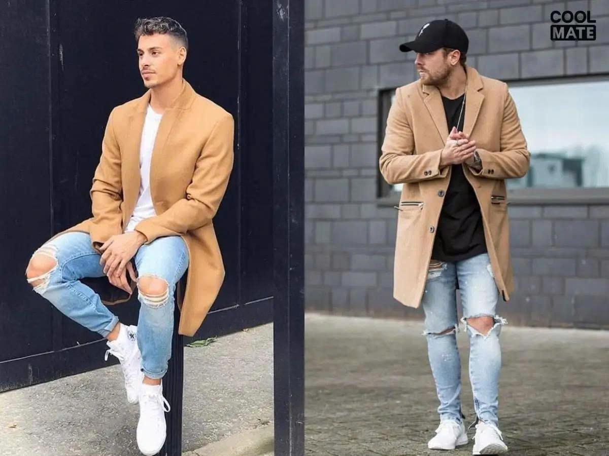 Áo măng tô + quần bò nam rách gối