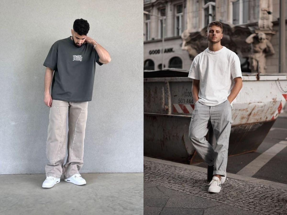 Phối áo thun và quần jeans xám phóng khoán, mạnh mẽ