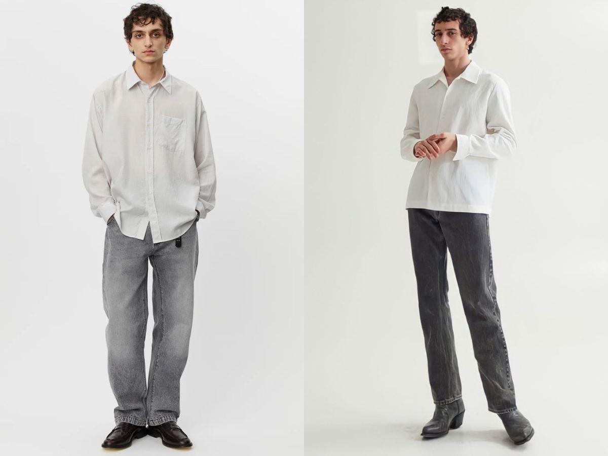 Phối áo sơ mi và quần jeans màu xám nam