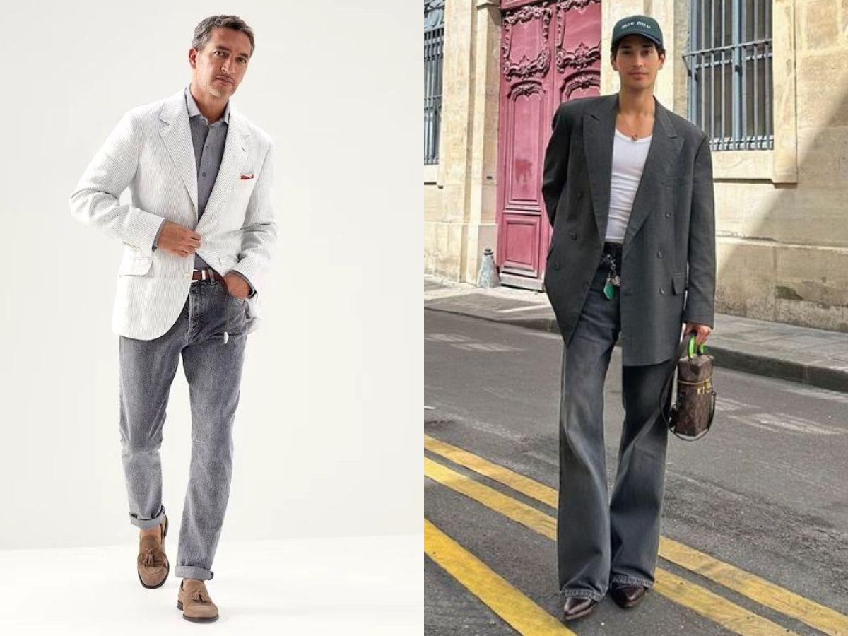 Phối đồ với áo khoác blazer và quần jeans xám