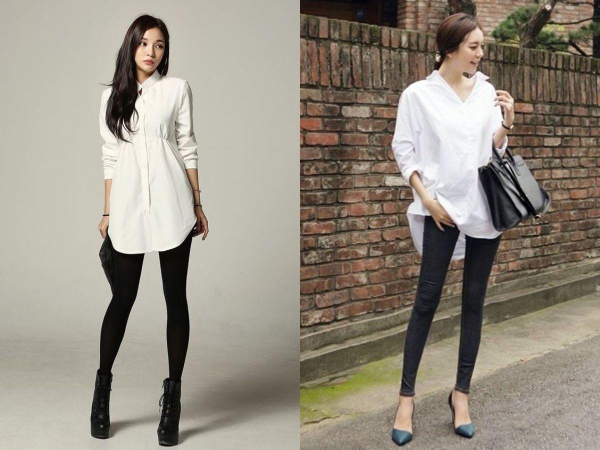 Áo sơ mi form dài kết hợp Legging và phụ kiện