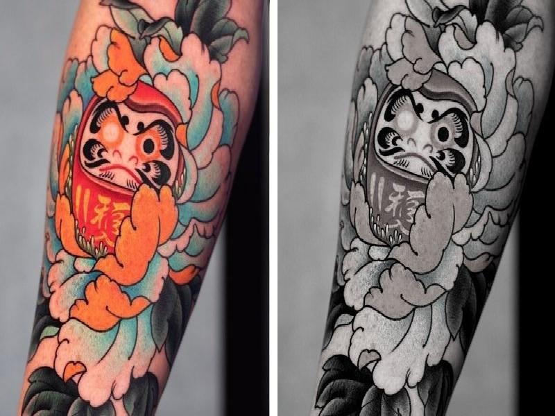 Hình xăm Daruma và hoa mẫu đơn