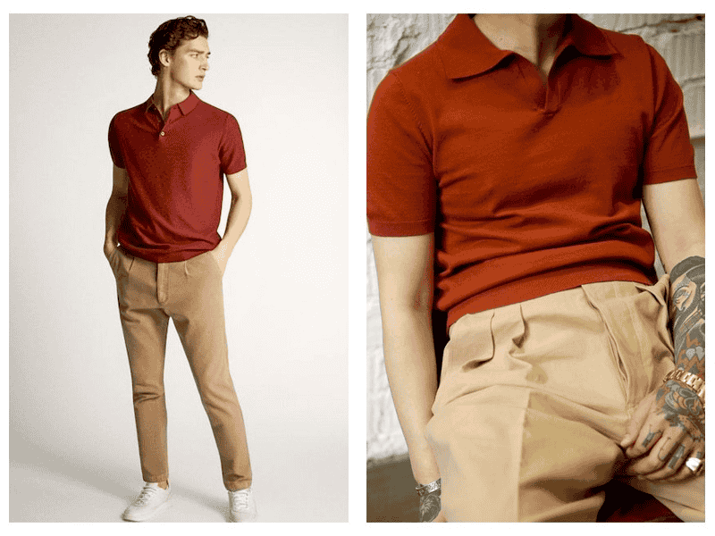 Áo polo đỏ đô khi kết hợp cùng quần baggy đã tạo nên một set đồ chất lừ, đầy phong độ
