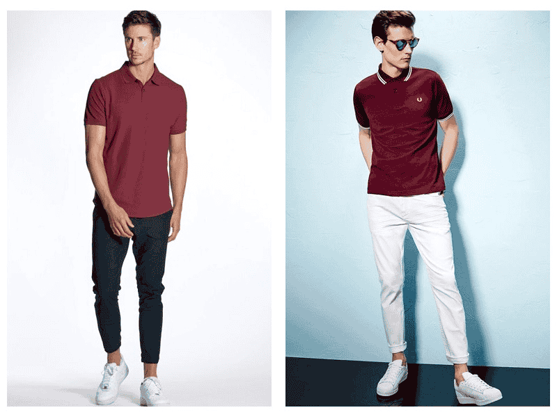 Áo polo đỏ đô cùng quần Chinos ghi điểm khi tôn lên vẻ đẹp nam tính và vóc dáng của các chàng
