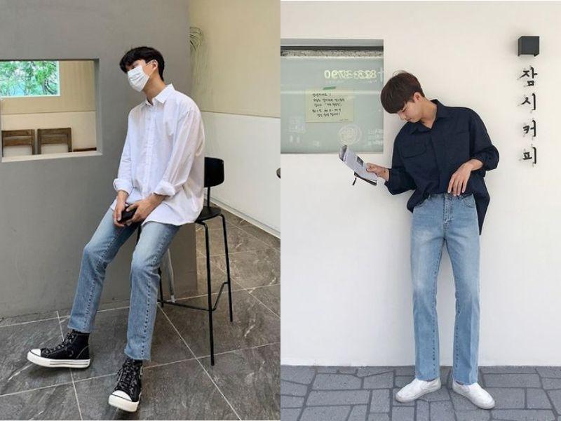 Mix áo sơ mi và quần jeans, quần kaki