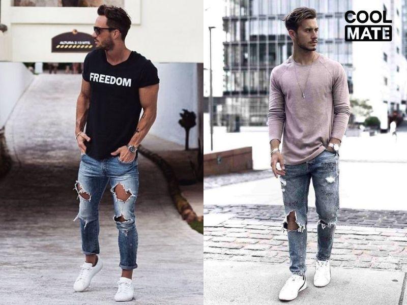 Quần jeans r&aacute;ch gối phối c&ugrave;ng &aacute;o sơ mi l&atilde;ng tử
