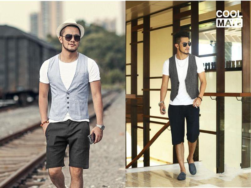    Phối áo sơ mi, vest với quần short thanh lịch