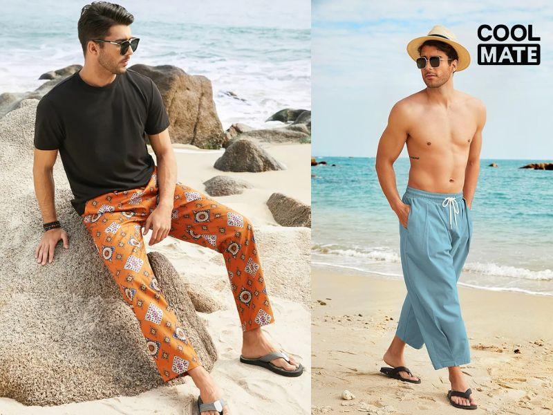    Phối đồ thời trang nam đi biển giữa quần ống rộng tối màu và áo phông 