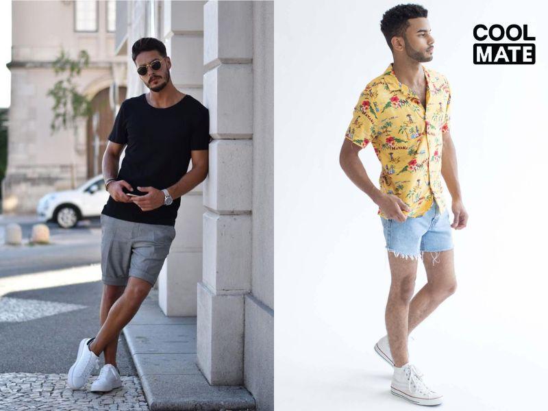   Mặc quần short jean với áo thun năng động