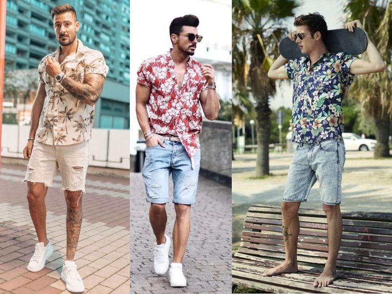 Mix trực tiếp quần short nam cùng với áo hoa đi biển 
