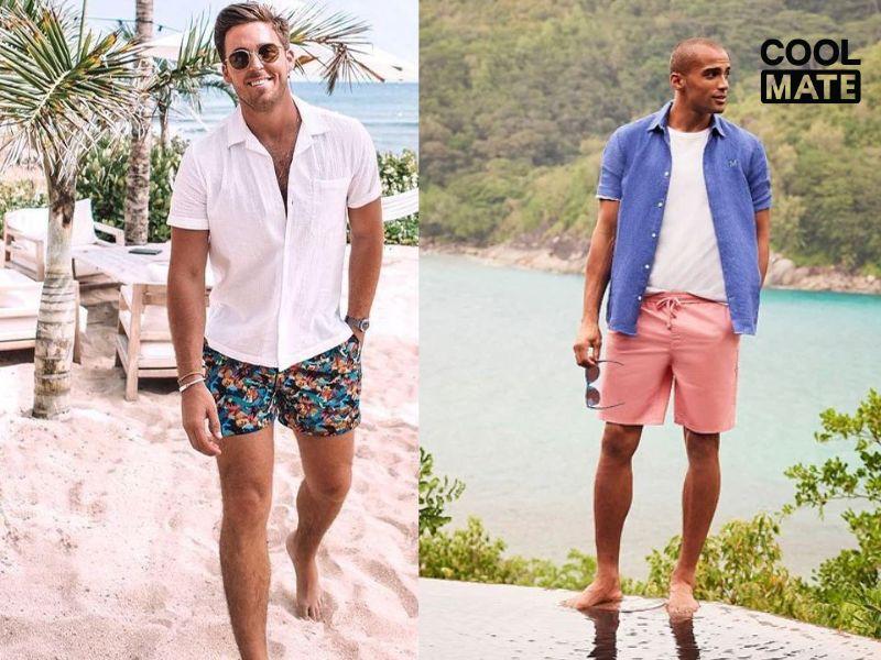 Quần đùi trơn mix chung cùng áo phông và áo sơ mi kẻ caro 