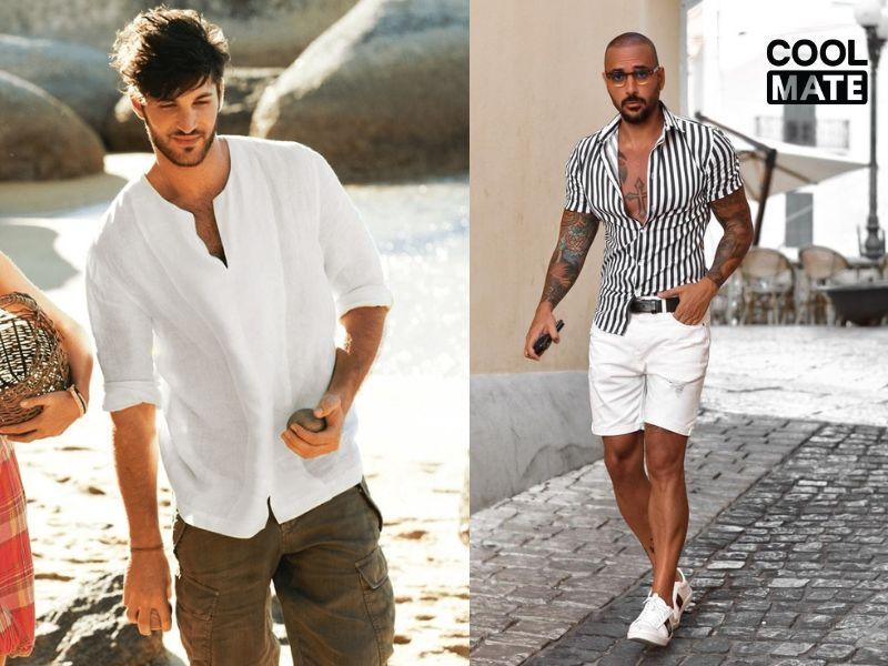 Phối quần short tối màu với áo sơ mi trắng trẻ trung, lãng tử