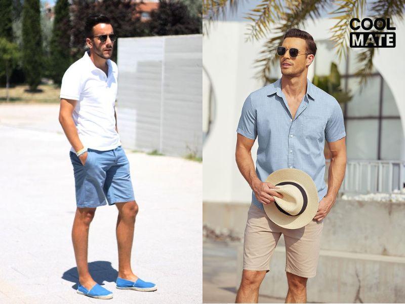 Quần short tối màu phối đồ cùng áo polo sáng màu có cổ 