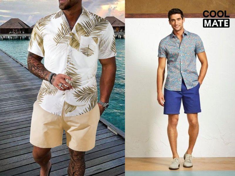 Phối đồ thời trang đi biển nam giữa quần short kaki với áo sơ mi cực chất