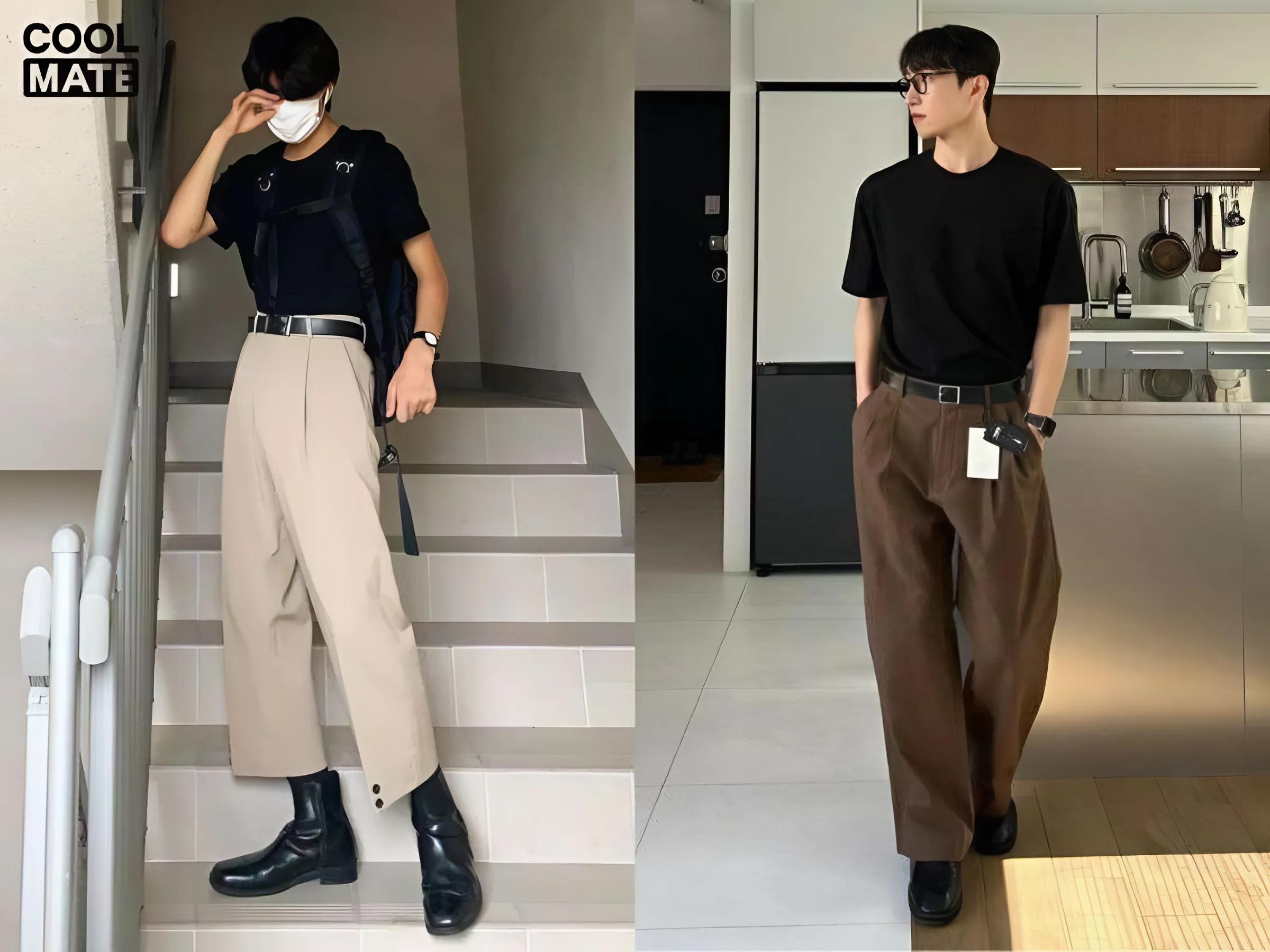 Chelsea boot đen + quần âu xám + áo thun basic