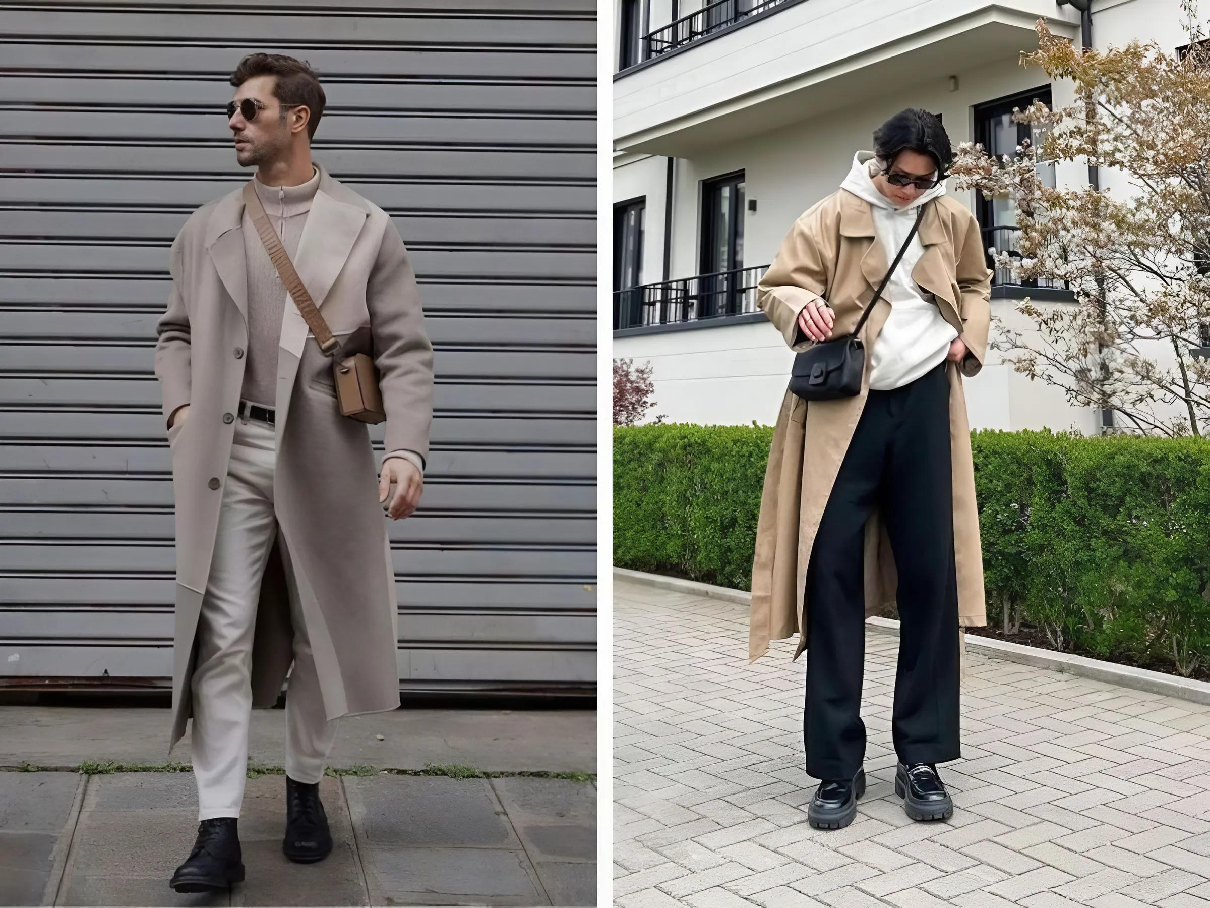 Boot + trench coat dài + túi đeo chéo