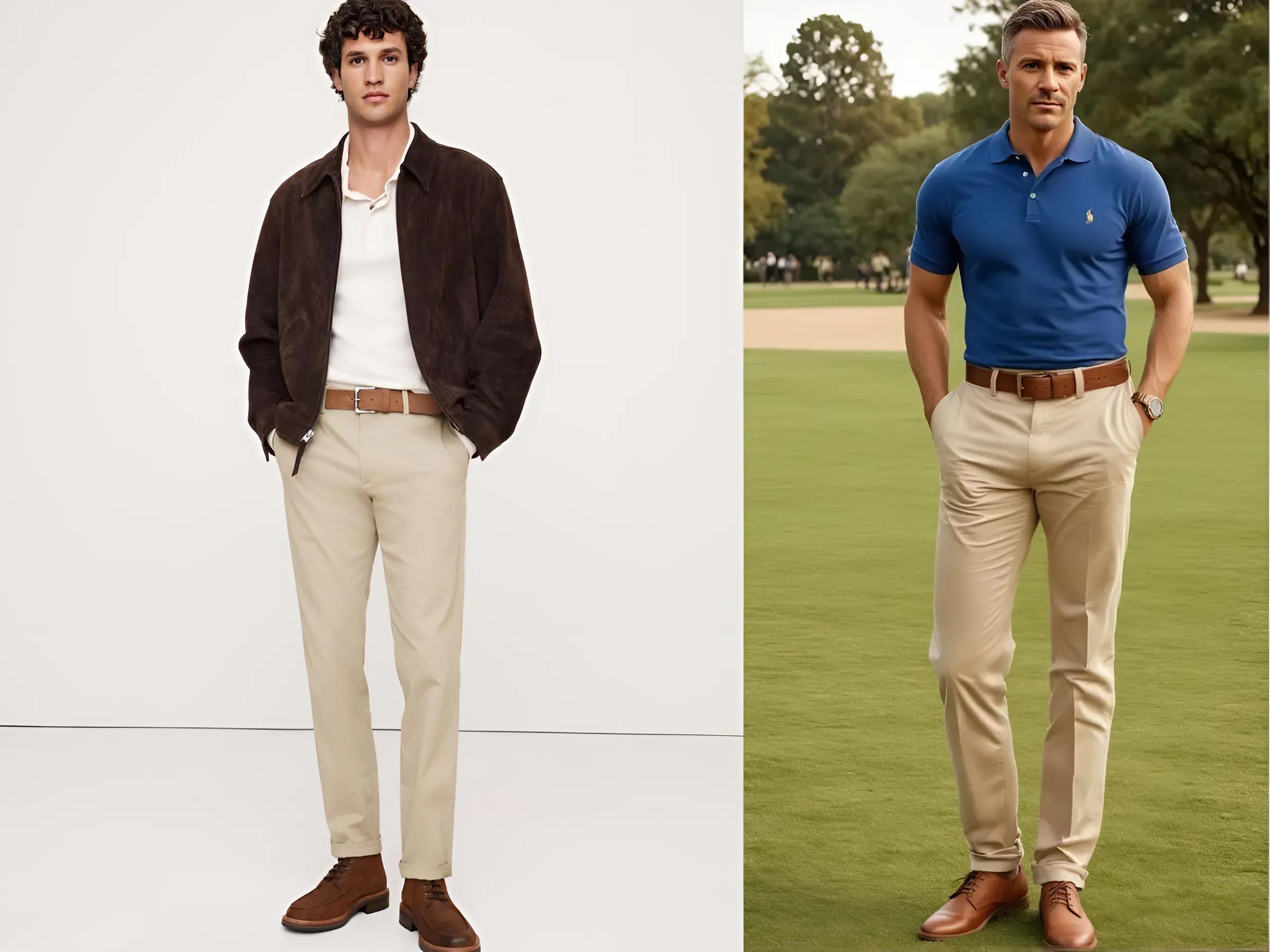 Boot nâu + quần chinos kem + áo polo