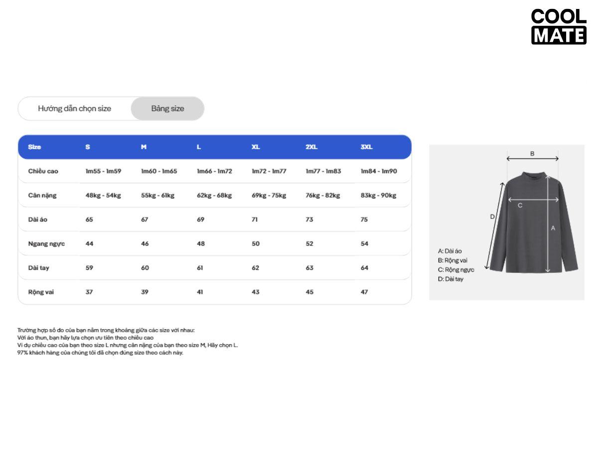 Bảng size áo giữ nhiệt Modal Ultra Warm Coolmate