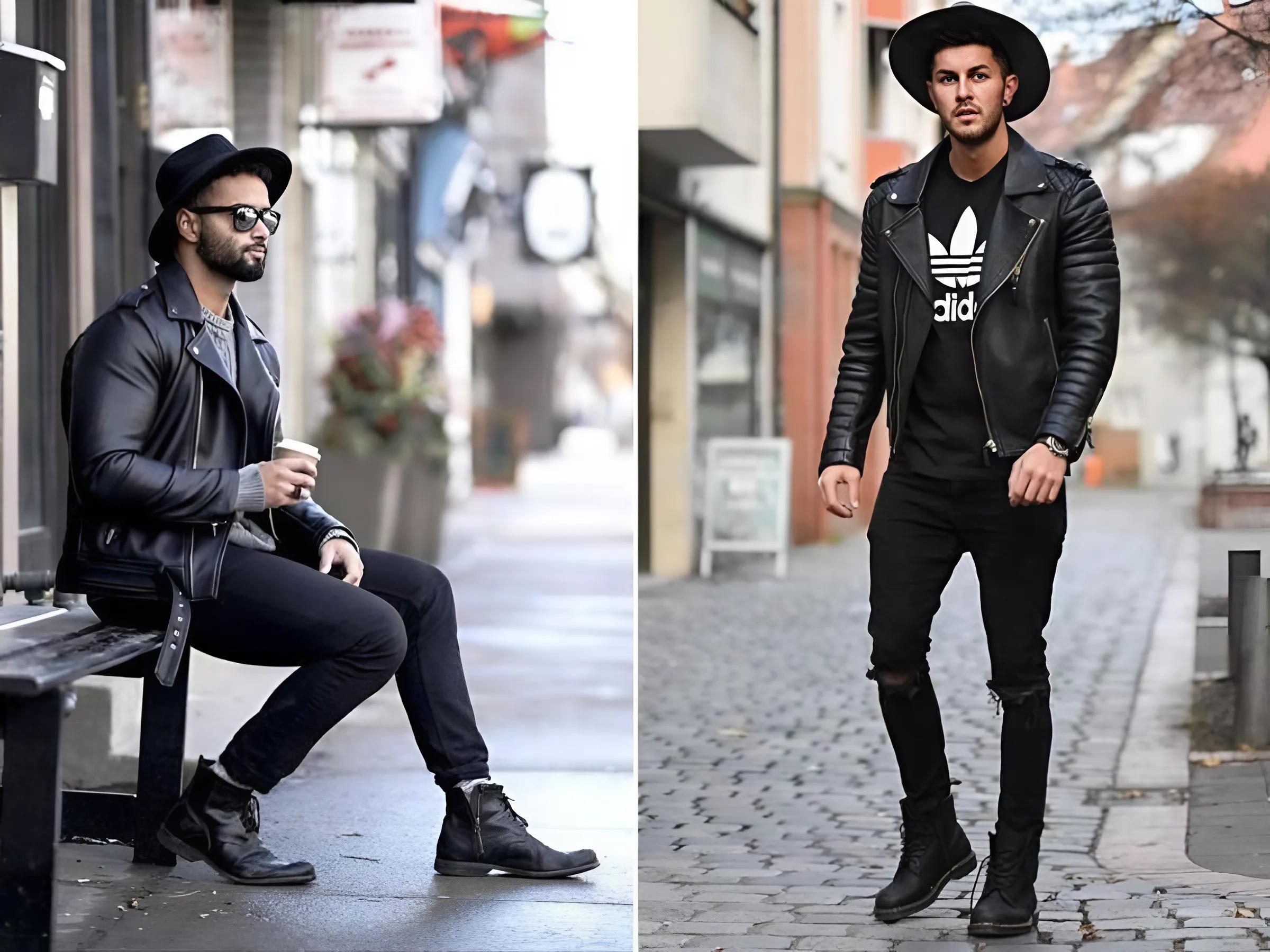 Áo khoác da Biker + Áo thun graphic/band tee + Quần Jeans rách gối + Combat Boots.