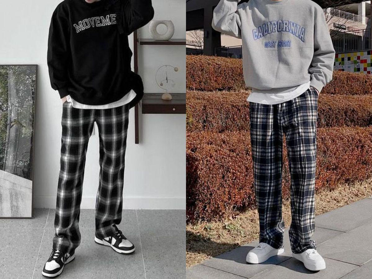 Phối áo hoodie, sweater cùng quần baggy caro