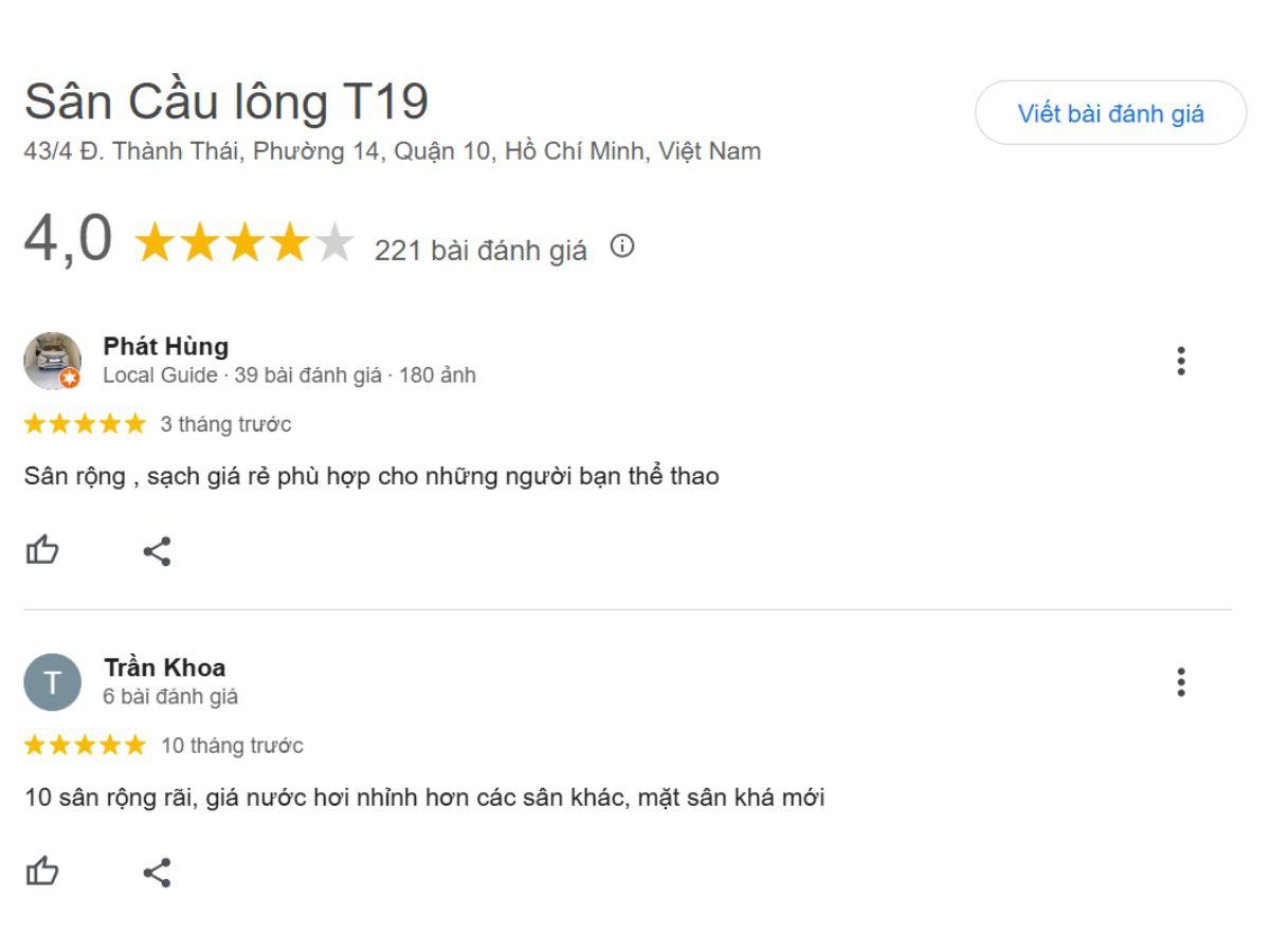 Review khách hàng về sân T19