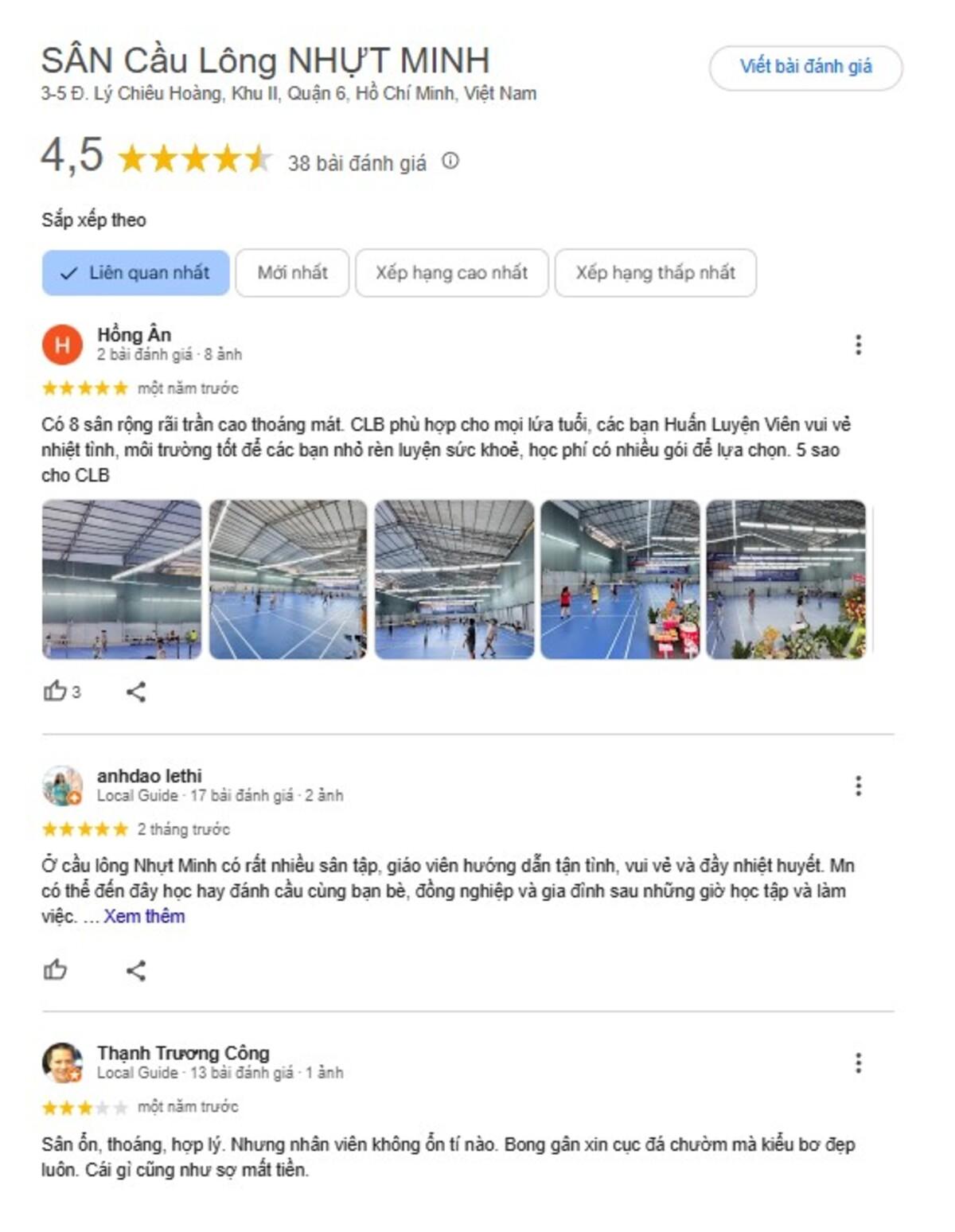 Đánh giá khách hàng sân cầu lông Nhựt Minh