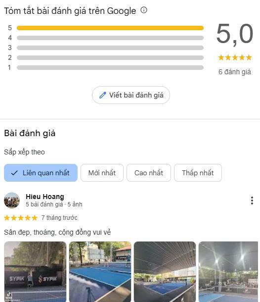 Đánh giá từ Google maps về sân Pickleball Xala