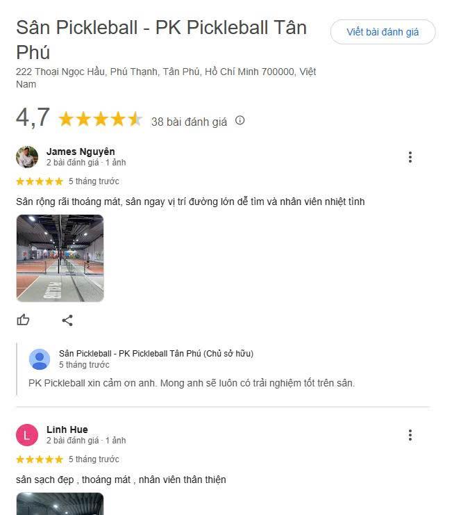 Các đánh giá về sân Pickleball PK Tân Phú