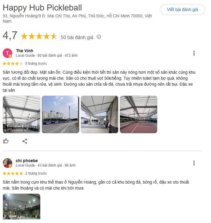 Các đánh giá về sân Pickleball Happy Hub Thủ Đức