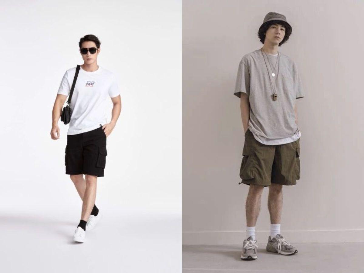 Khi trời nóng, bạn vẫn có thể giữ chất bụi bặm với combo áo thun, quần short kaki và sneakers