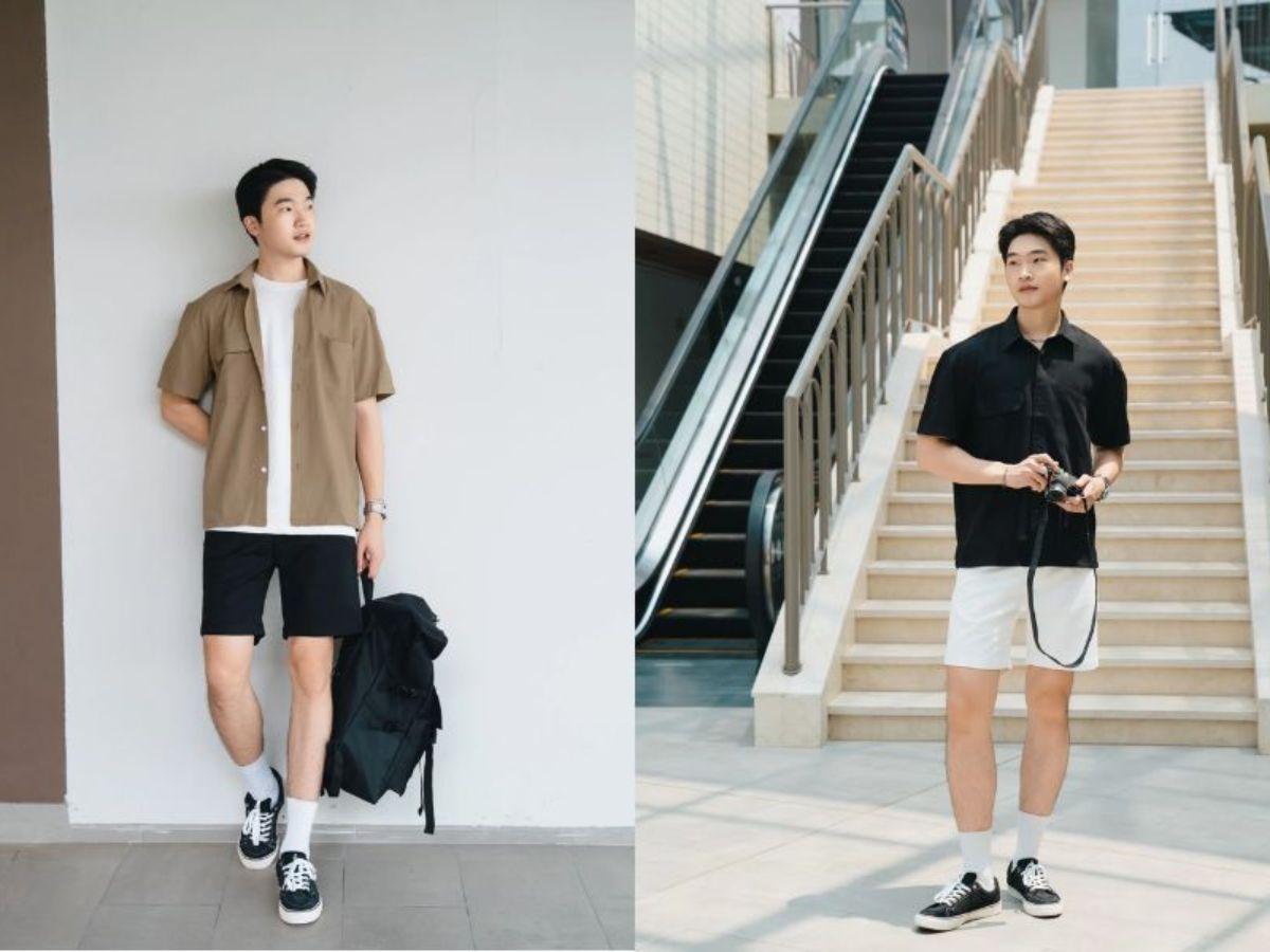 Phối áo sơ mi kaki nam với quần short trẻ trung