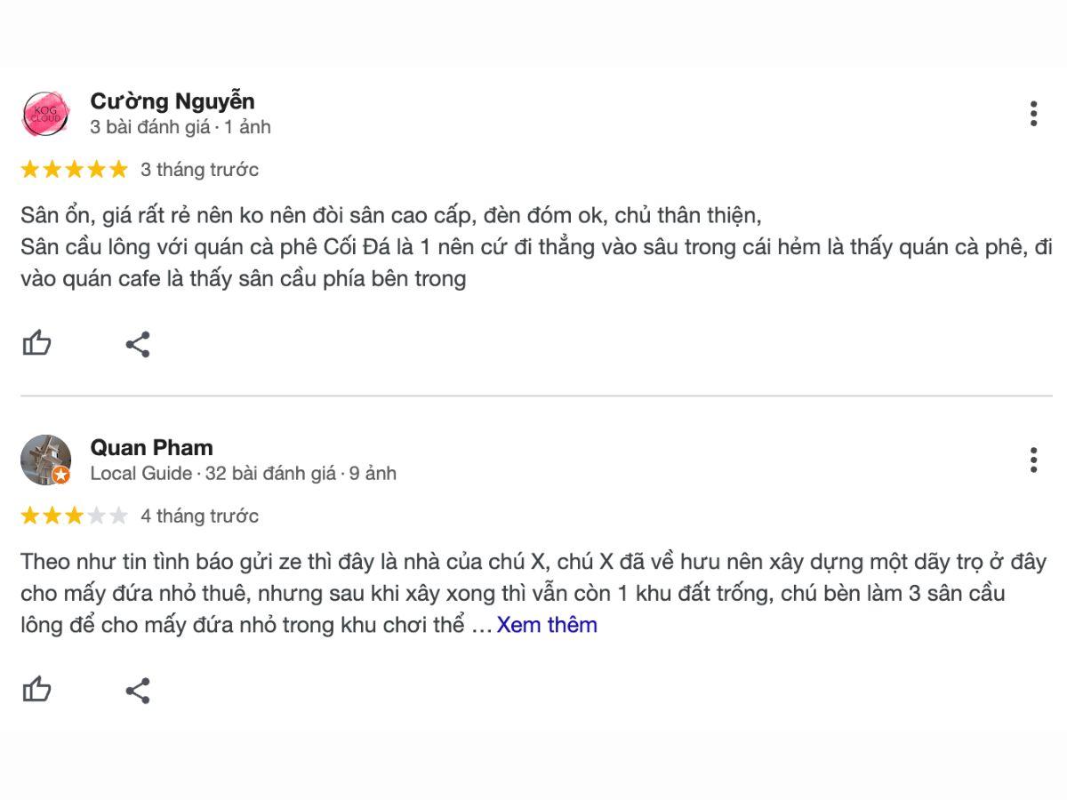 Review khách hàng về sân cầu lông Cối Đá 