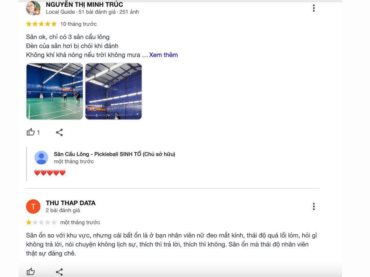 Review khách hàng về sân cầu lông Sinto Bình Thạnh