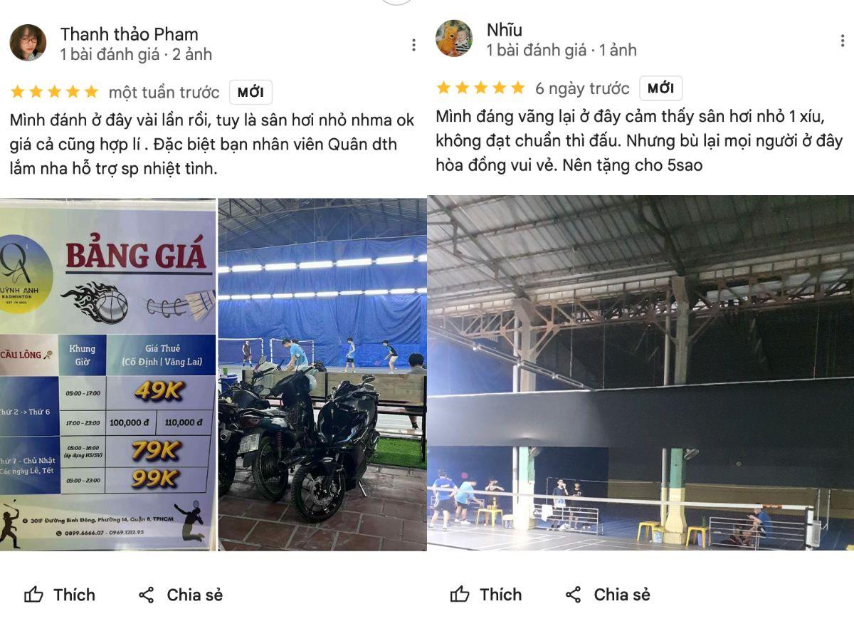 Review của khách hàng về sân cầu lông Quỳnh Anh