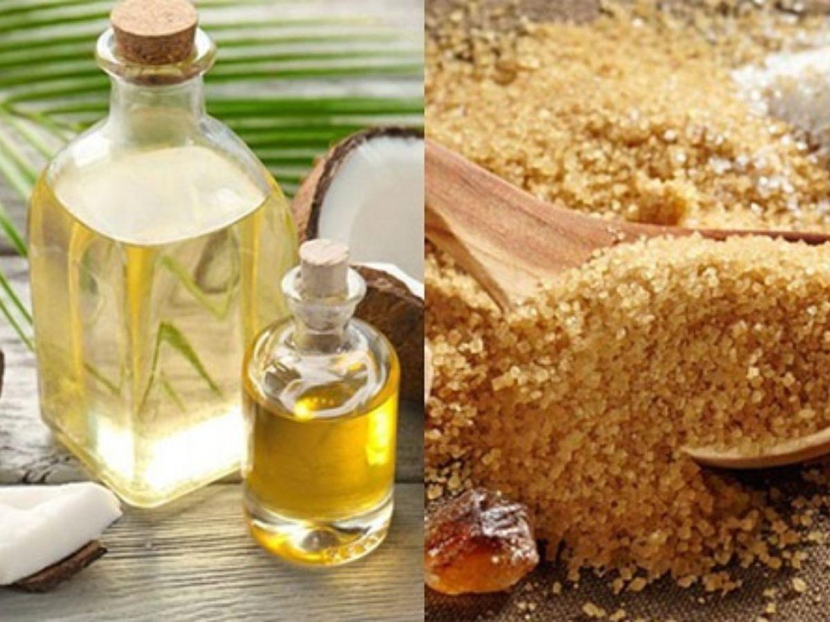 Đường nâu và Dầu dừa/Dầu oliu: Tẩy tế bào chết kết hợp dưỡng ẩm sâu