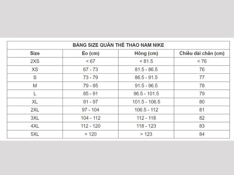  bảng size quần nam thương hiệu nike