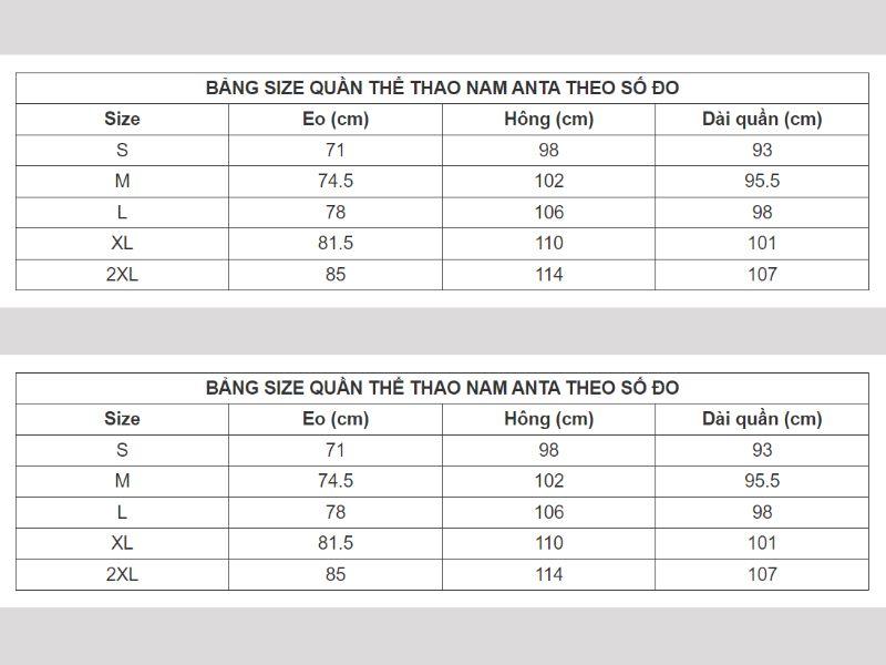 bảng size quần nam thương hiệu anta