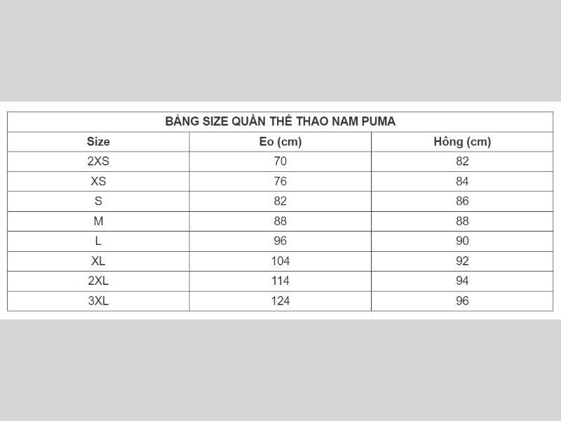 bảng size quần nam thương hiệu 
