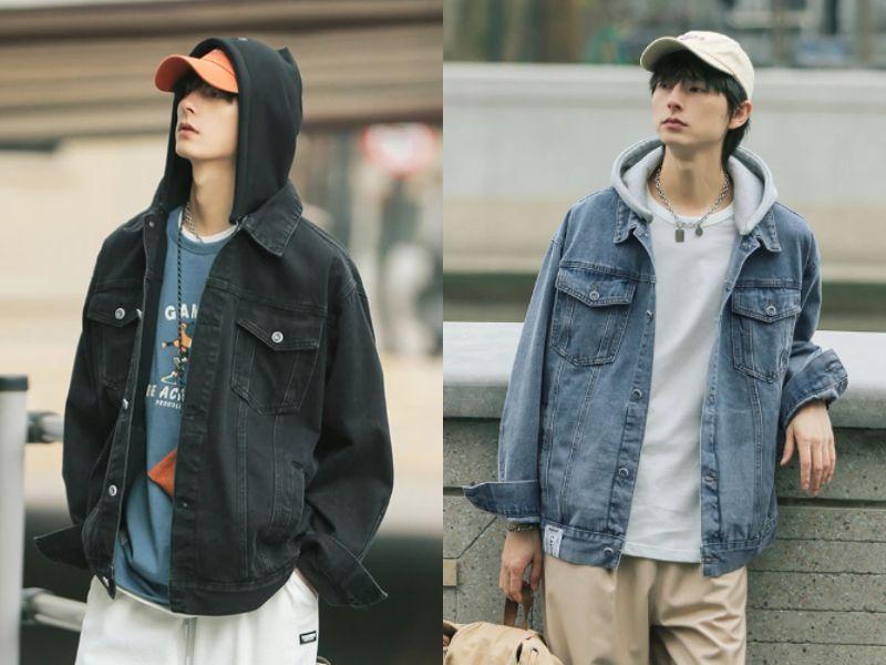 Phối áo khoác jean với áo hoodie