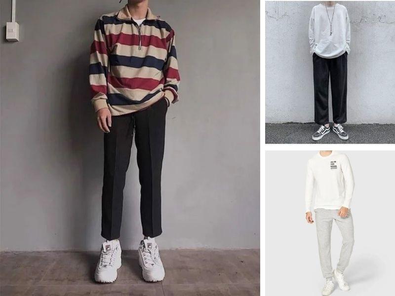 Áo thun tay dài nam phối cùng quần kaki