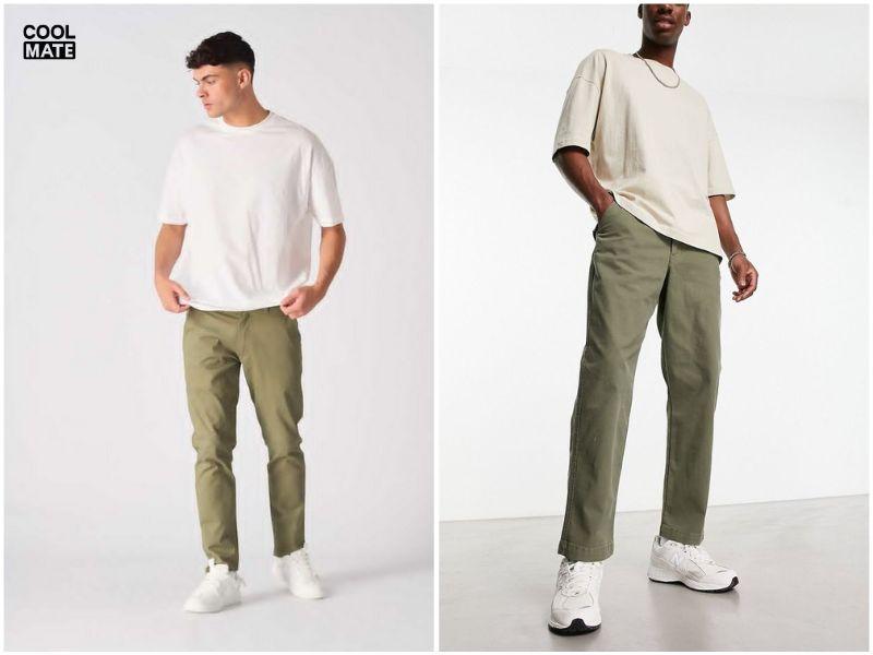 Áo phông trắng và quần jeans xanh lá cây